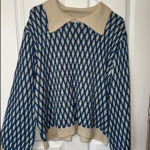 SHEIN Blue and Cream Crew Neck Sweater with Geometric Pattern